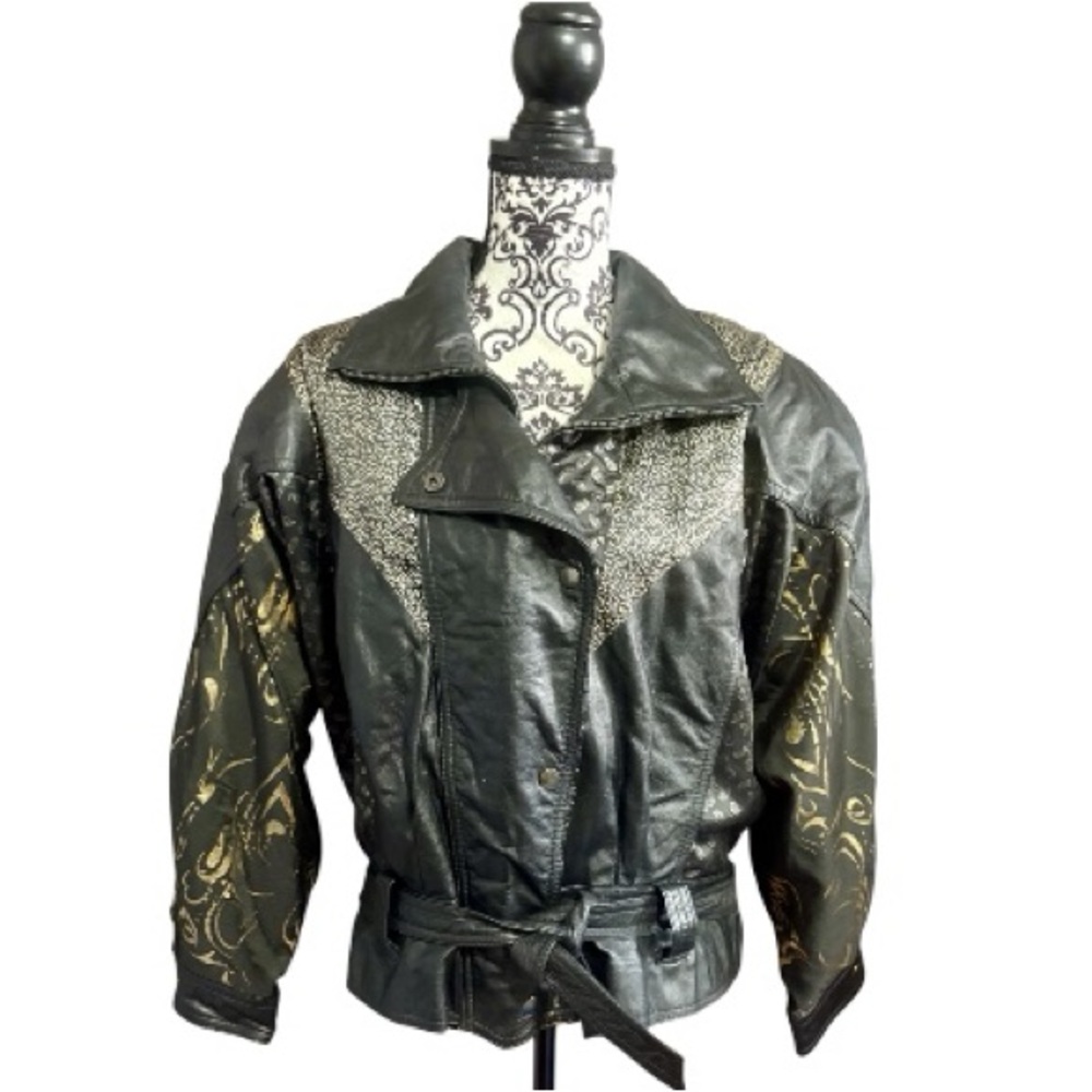 LA STUDIO Vintage 80s Leather Black and Gold Embellished Jacket